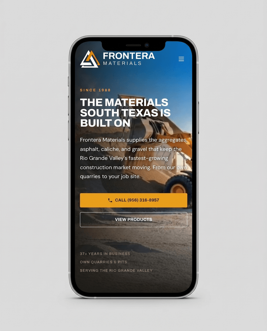 The fmitex.com homepage on a phone, with the logo and a tap-to-call button condensed into the top bar and the "The materials South Texas is built on" hero stacking cleanly above the product cards.