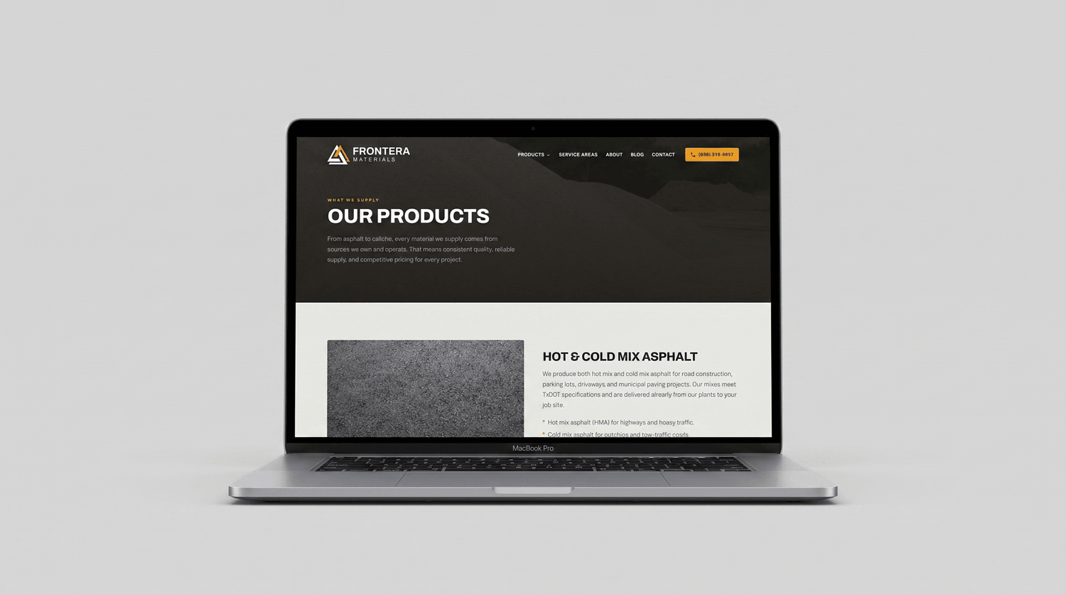 The Products page on fmitex.com shown on a laptop, with the three product cards (Hot & Cold Mix Asphalt, Aggregates & Gravel, and Caliche), each with a photo, a description, a bulleted feature list, and a "Learn more" link, with a "Ready to build?" contact prompt at the bottom.