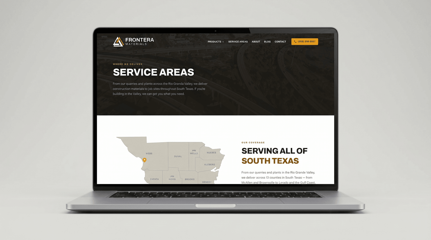 The Service Areas page on fmitex.com shown on a laptop, with an interactive map of the thirteen South Texas counties Frontera serves alongside city detail cards for markets including McAllen, Edinburg, Brownsville, Harlingen, and Laredo, each with a "View details" link.