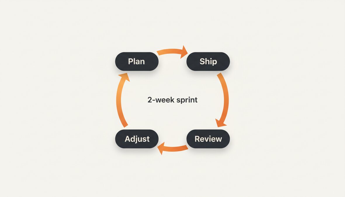 A circular diagram showing the four-step sprint cadence: Plan, Ship, Review, Adjust, looping back to Plan, with "2-week sprint" at the center.