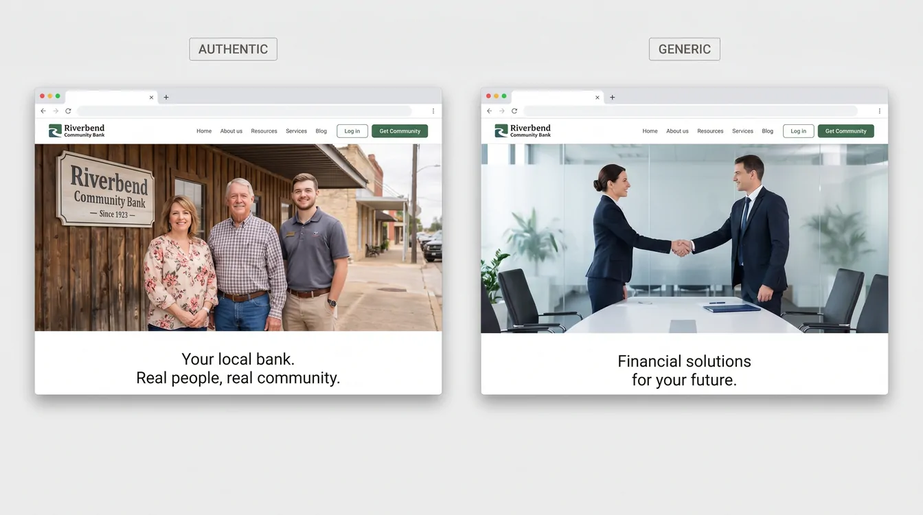 A side-by-side comparison of two browser windows showing the same fictional community bank homepage. The browser on the left is labeled AUTHENTIC and uses a real-looking photo of three local staff members standing in front of a small wooden-facade Texas branch. The browser on the right is labeled GENERIC and uses a stiff stock photo of business people in dark suits shaking hands in a windowless office.