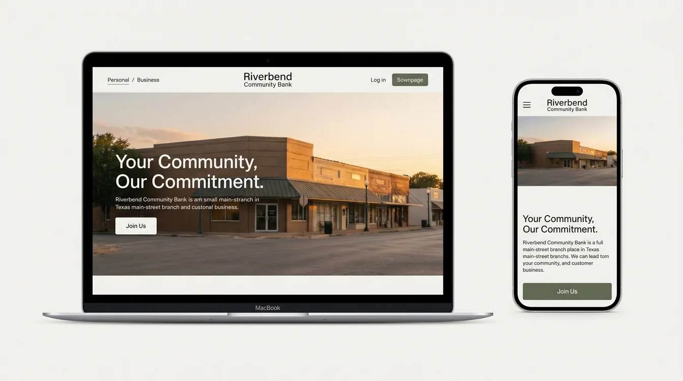 A side-by-side product shot showing a fictional community bank, Riverbend Community Bank, on a desktop browser and a smartphone. Both screens use a clean Personal / Business top-level navigation, a warm hero photo of a small Texas main-street branch, and crisp modern typography.