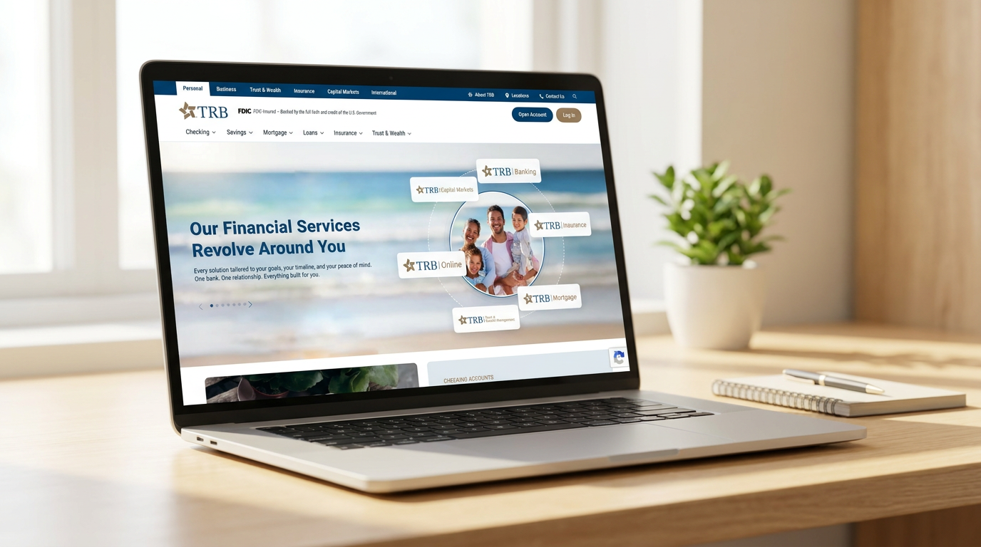 The new trb.bank homepage, with a six-item top navigation across the lines of business, a secondary nav for About TRB / Locations / Contact Us, and the "Our Financial Services Revolve Around You" hero alongside the sub-brand wheel for TRB Banking, Insurance, Mortgage, Online, and Capital Markets.