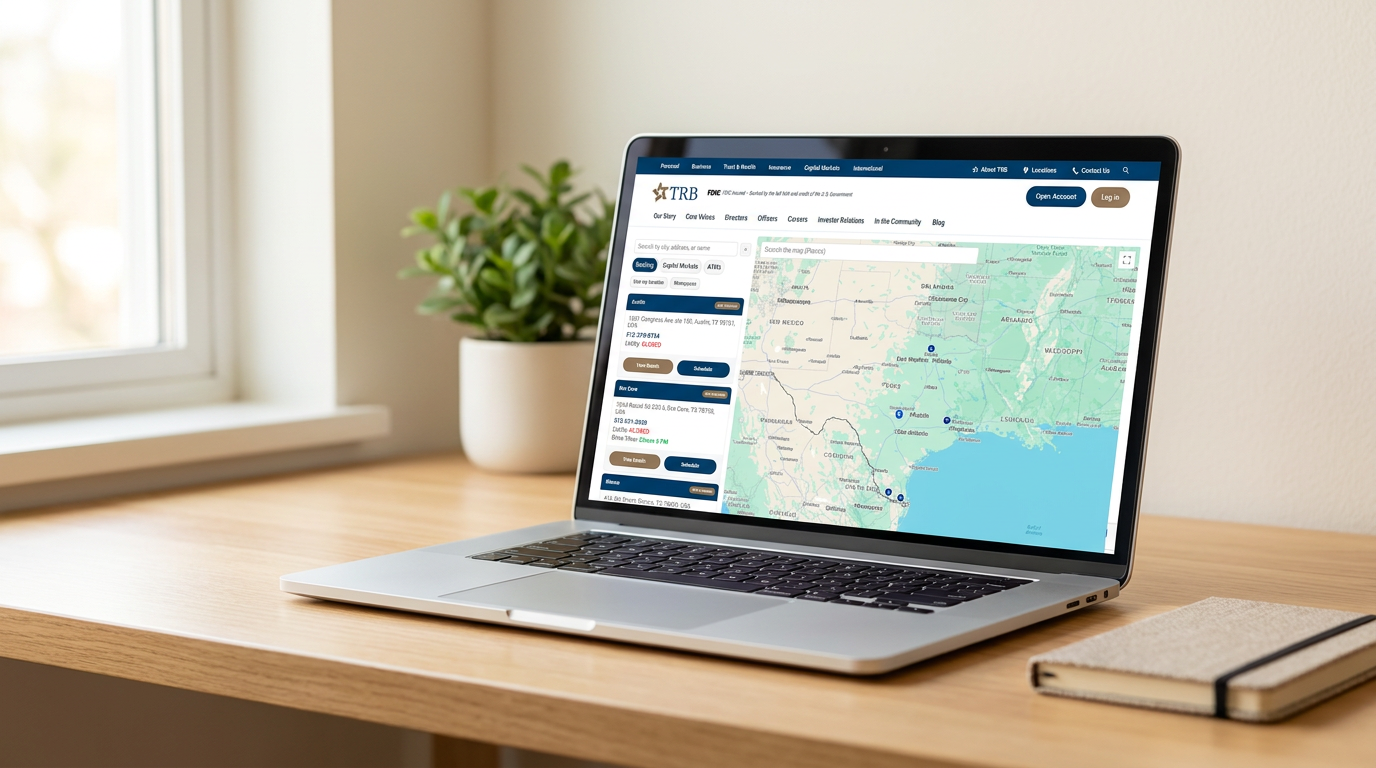 The Locations page on trb.bank, with an interactive map of Texas alongside a filterable list. Each location card shows the address, phone number, a today's-hours badge, and View Details / Schedule actions. Filter tabs at the top toggle between Banking, Capital Markets, and ATMs.