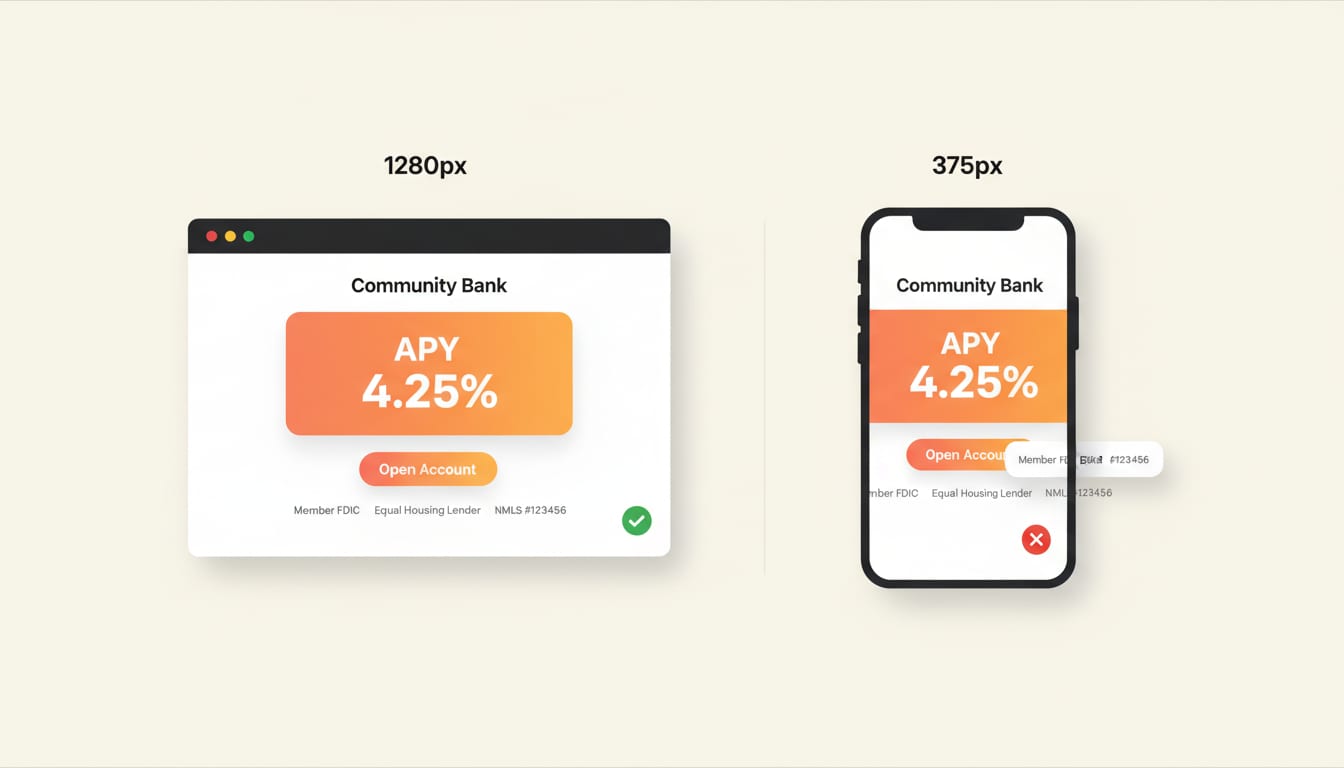 A side-by-side comparison of the same banking page at two device sizes: a 1280px desktop view showing FDIC, Equal Housing Lender, and NMLS disclosures neatly spaced in a row, next to a 375px phone view where the same disclosures collide, overlap, and clip off the right edge of the screen.