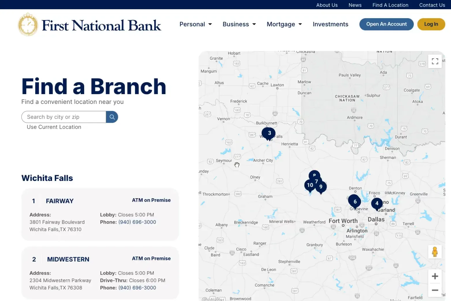 Branch locator tool on the website